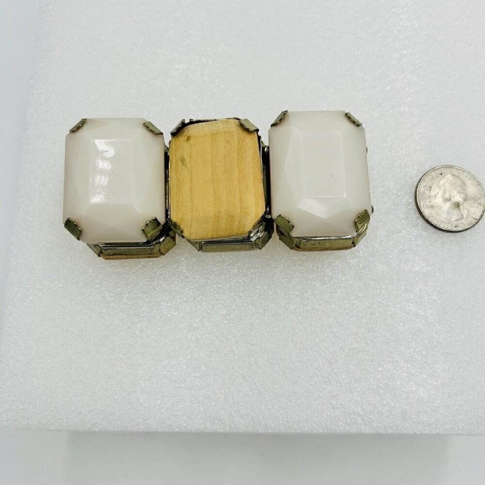 Vintage Large Panel Cuff Style Bracelet Wood Acrylic Rectangles Stretch 7"